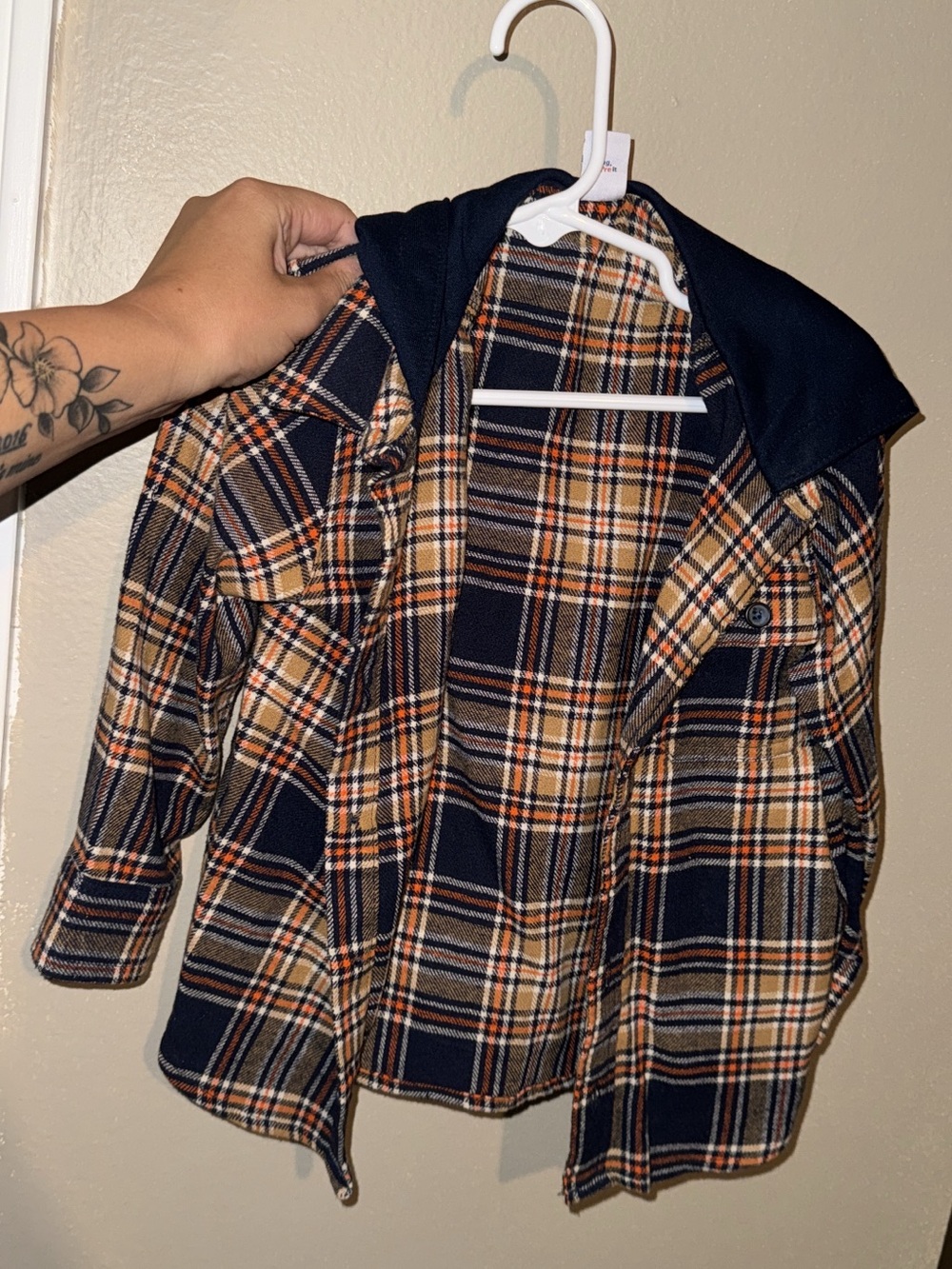 Old Navy Navy Blue and Orange Plaid Hooded Jacket - Kids